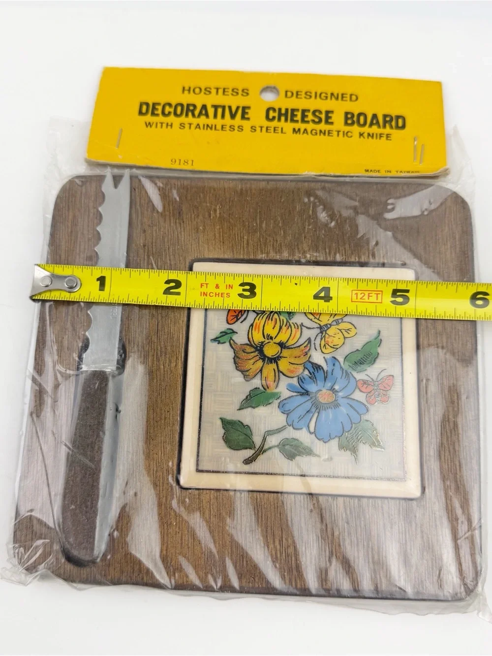 Vtg 70s Hostess Designed Cheese Board Knife Floral Tile Rustic Bar Nature New